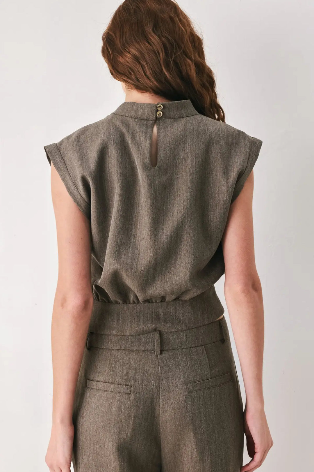 TAILORED TEMPO BROWN FUNNEL-NECK BELTED TOP