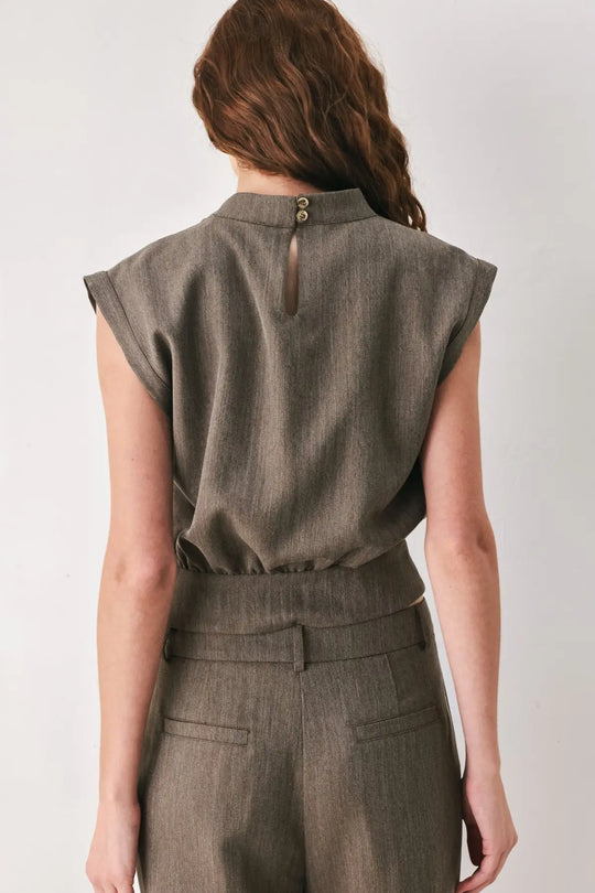 TAILORED TEMPO BROWN FUNNEL-NECK BELTED TOP