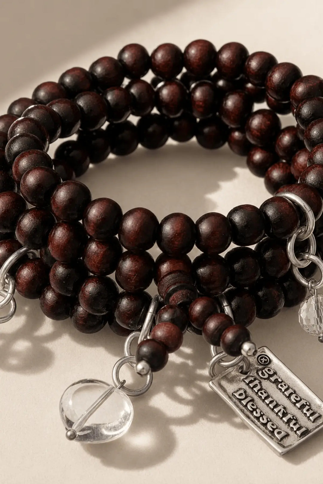 Grateful Thankful Blessed Heart Wood Boho Wrap Bracelet/Necklace