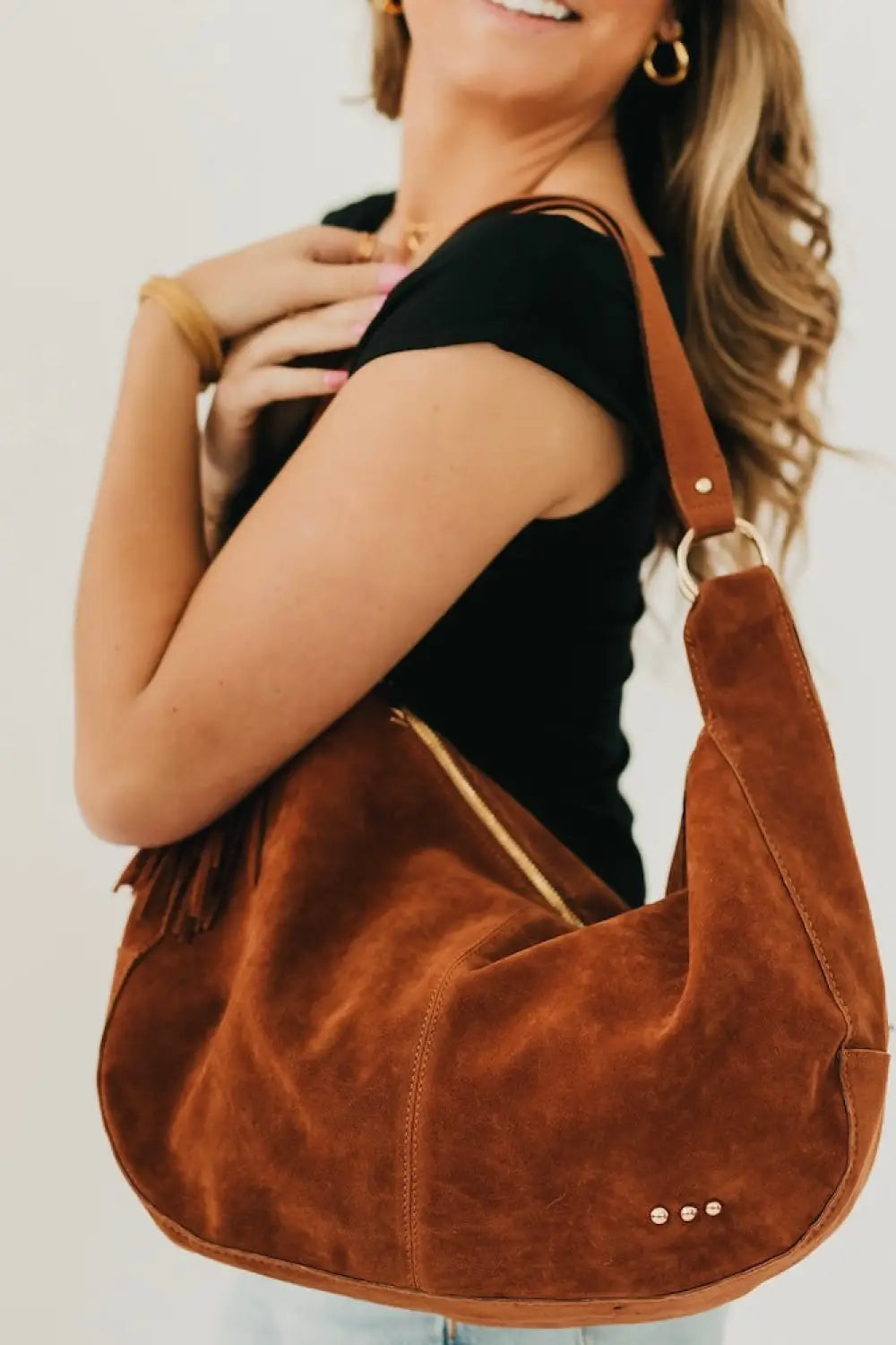 Hazel Hobo Shoulder Bag with Tassel - Chocolate Suede - Shoulder Bag