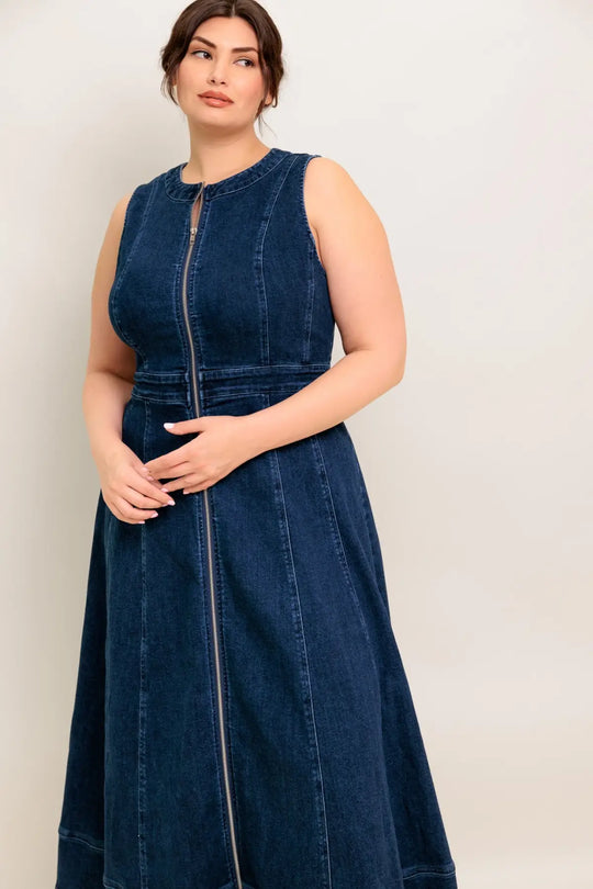 RAW BEAUTY DENIM MIDI DRESS - MEDIUM INDIGO / 1X - DRESSES