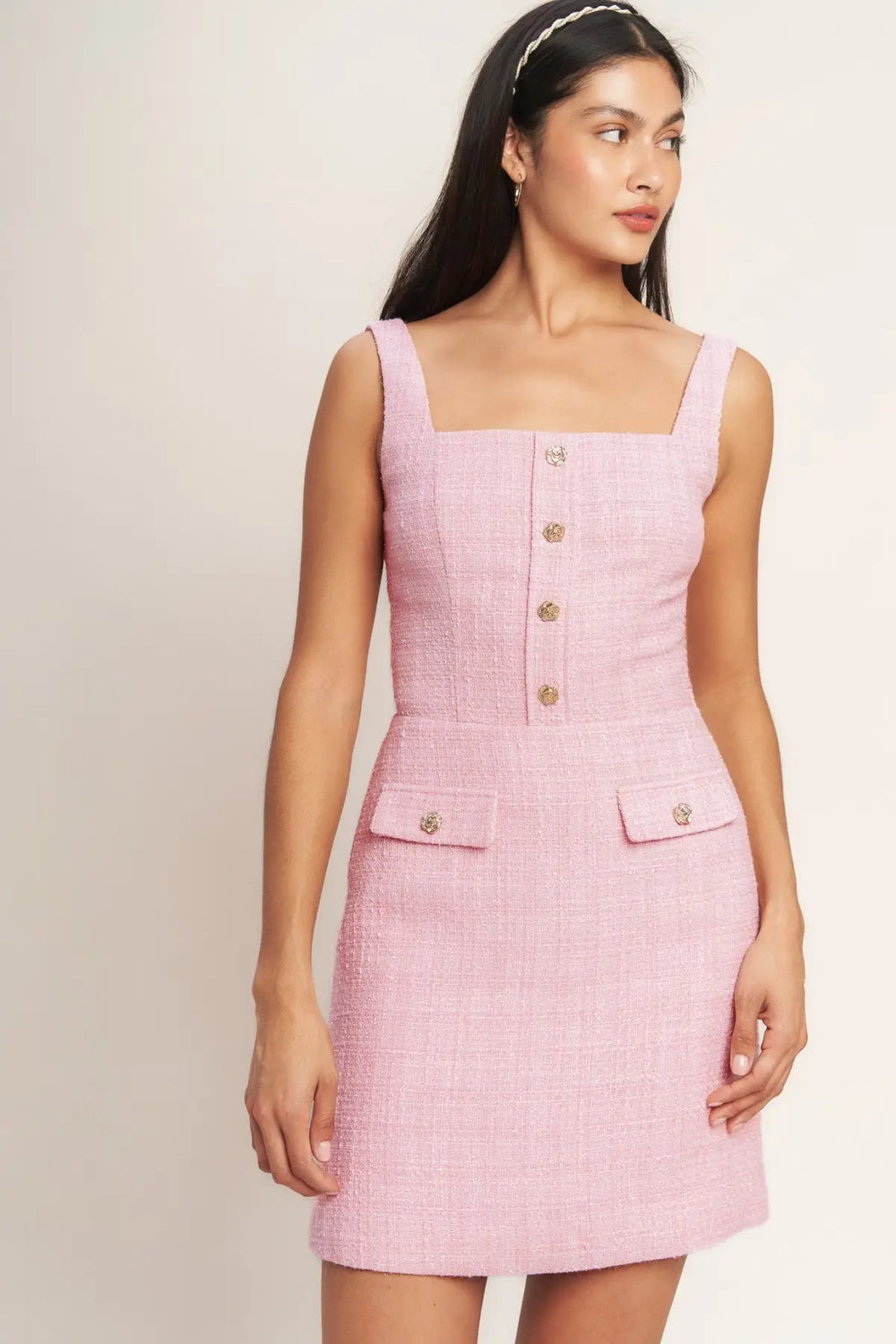 ON MY WAY PINK WOVEN TWEED MINI DRESS - DRESSES