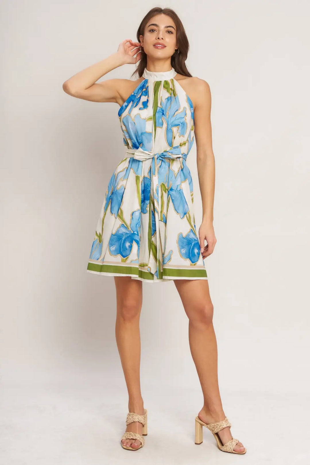 AZURE BLOOM HALTER WOVEN MINI DRESS - DRESSES