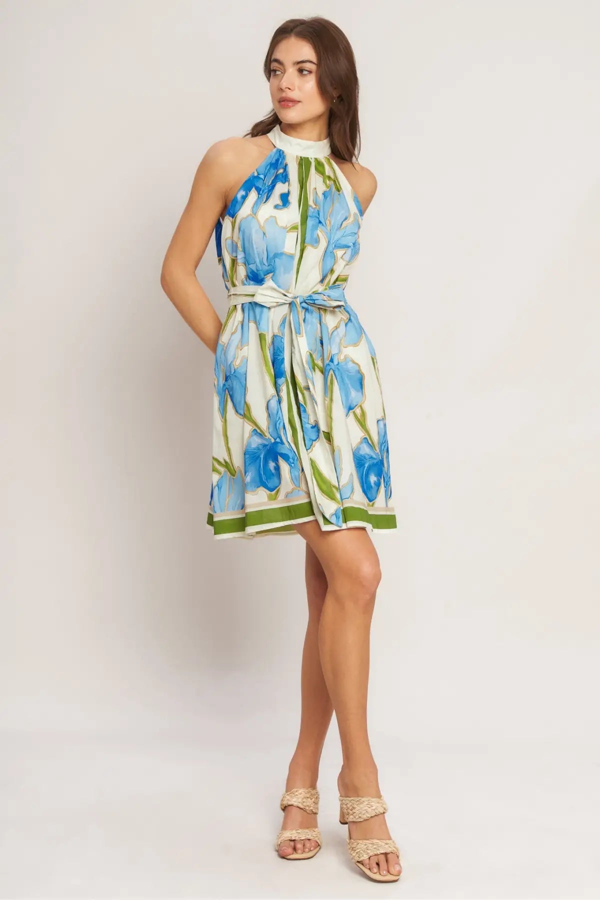 AZURE BLOOM HALTER WOVEN MINI DRESS - DRESSES