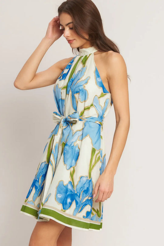 AZURE BLOOM HALTER WOVEN MINI DRESS - DRESSES