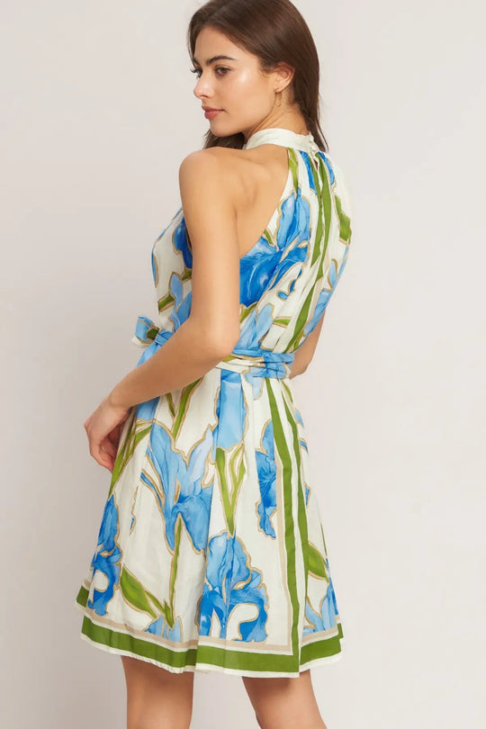 AZURE BLOOM HALTER WOVEN MINI DRESS - DRESSES