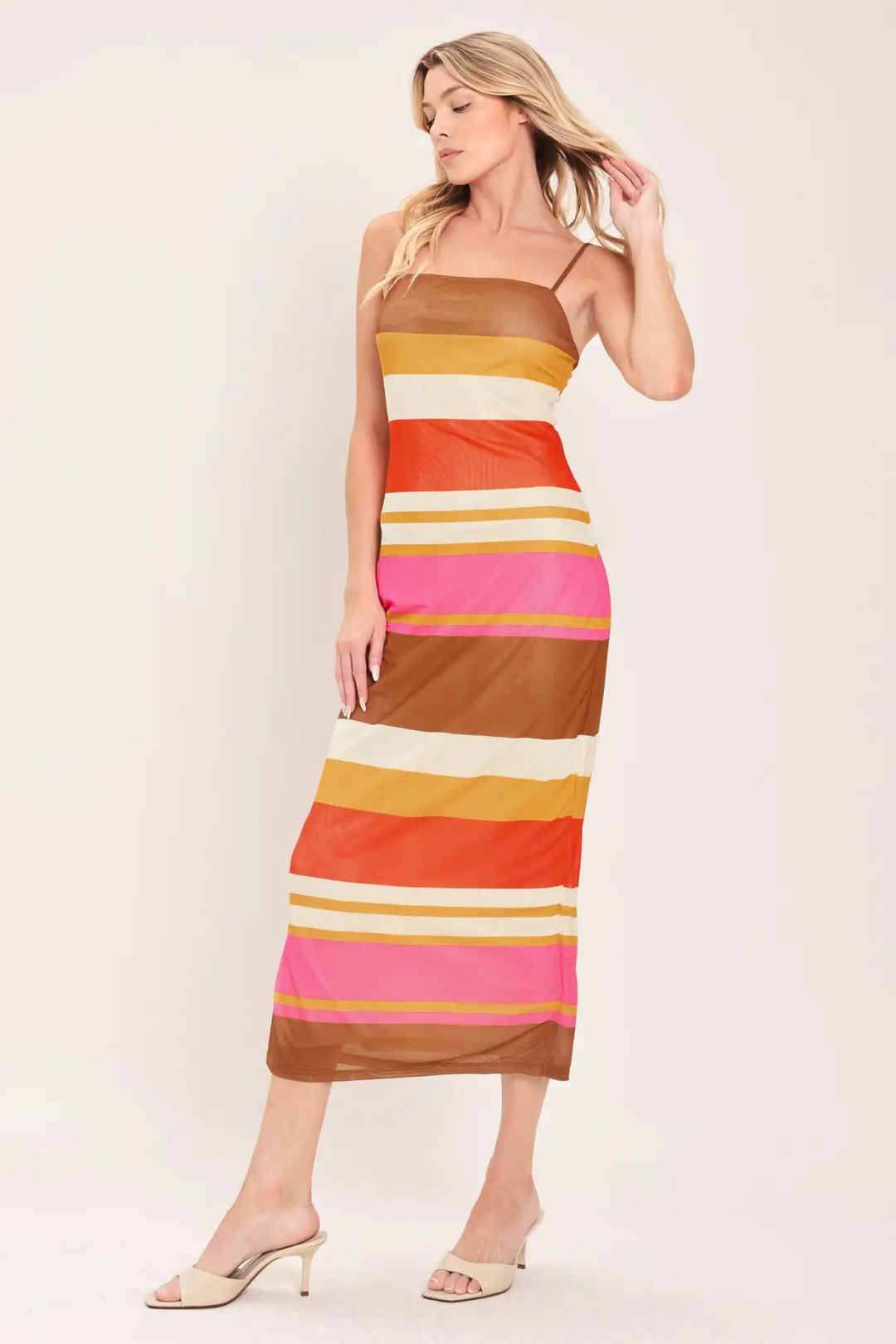 HEAT WAVES POWER MESH MIDI DRESS - BROWN/PINK / S - DRESSES