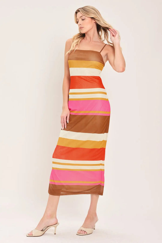 HEAT WAVES POWER MESH MIDI DRESS - BROWN/PINK / S - DRESSES