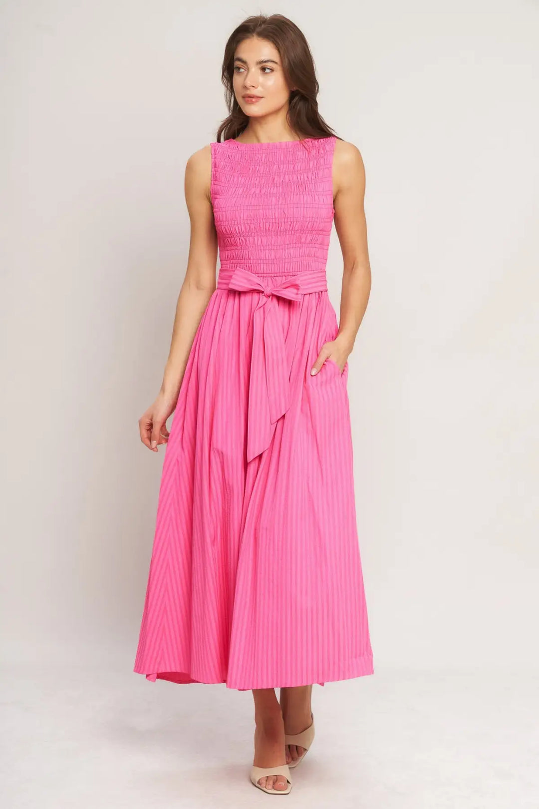 PINK RADIANCE WOVEN MIDI DRESS - DRESSES