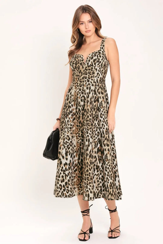 DESERT ROSE LEOPARD WOVEN MIDI DRESS - DRESSES