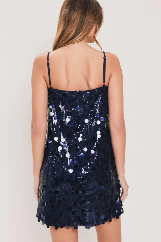STARRY NAVY SEQUIN SHIFT MINI DRESS