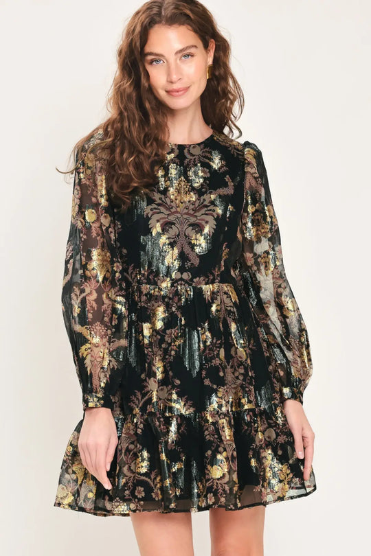 MIDNIGHT FLIRT BLACK PRINTED RUFFLE-HEM MINI DRESS