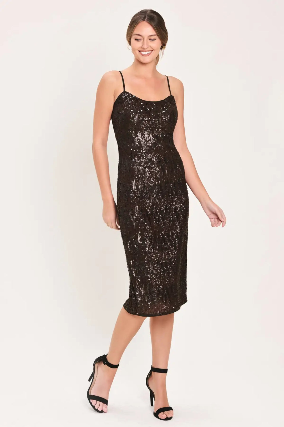 BRONZE AFTERGLOW BROWN SEQUIN SLIP MIDI DRESS