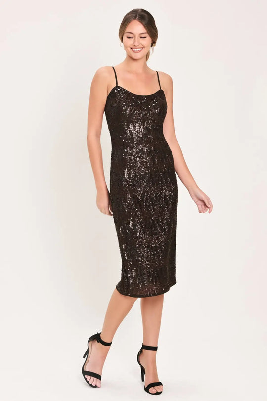 BRONZE AFTERGLOW BROWN SEQUIN SLIP MIDI DRESS