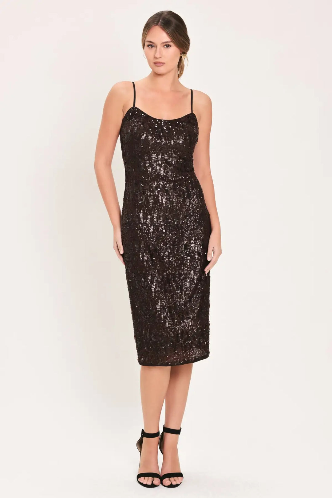 BRONZE AFTERGLOW BROWN SEQUIN SLIP MIDI DRESS