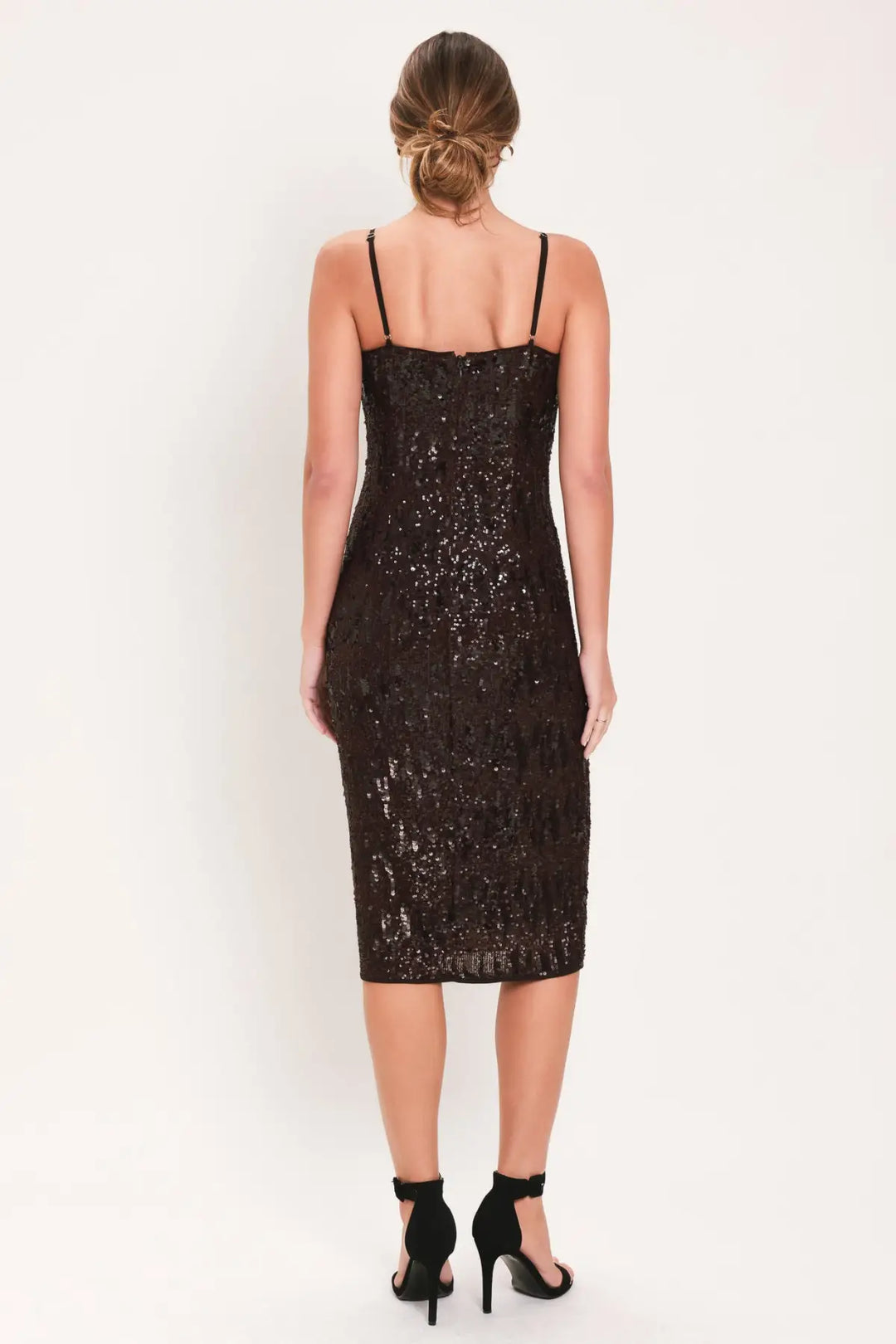 BRONZE AFTERGLOW BROWN SEQUIN SLIP MIDI DRESS