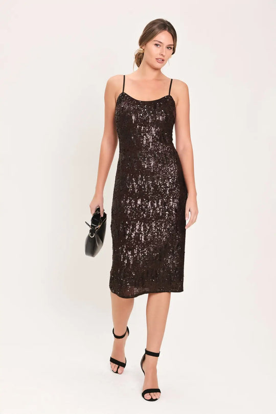 BRONZE AFTERGLOW BROWN SEQUIN SLIP MIDI DRESS