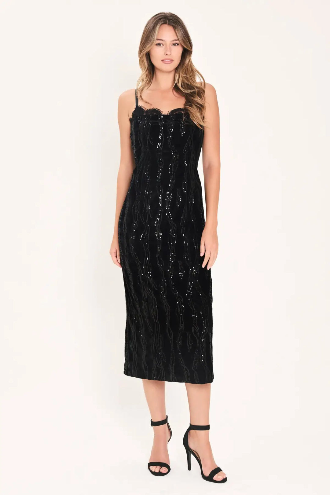VELVET OBSESSION BLACK SEQUIN SWEETHEART MIDI DRESS