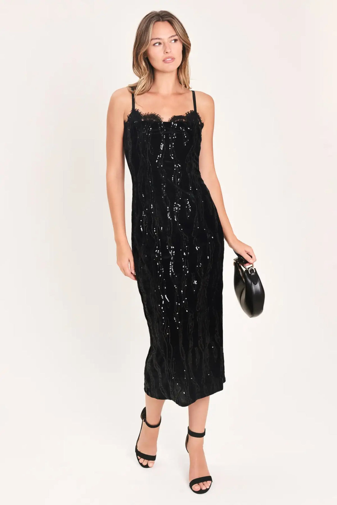 VELVET OBSESSION BLACK SEQUIN SWEETHEART MIDI DRESS