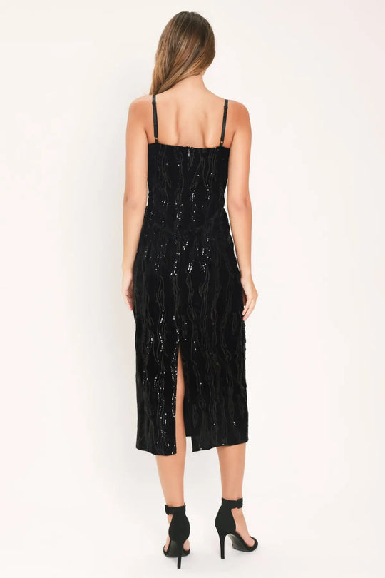 VELVET OBSESSION BLACK SEQUIN SWEETHEART MIDI DRESS