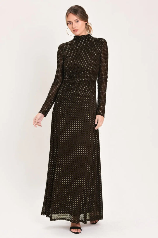 COCOA VEIL DARK BROWN BURNOUT VELVET MESH MAXI DRESS