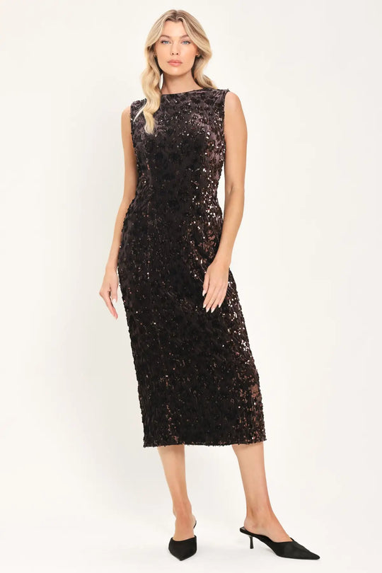 MOCHA SPARK DARK BROWN SEQUIN KNIT MIDI DRESS