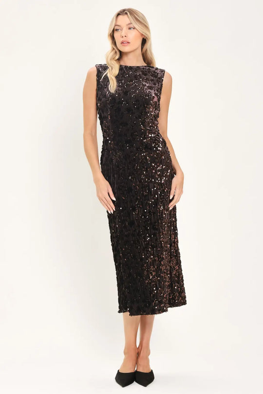 MOCHA SPARK DARK BROWN SEQUIN KNIT MIDI DRESS