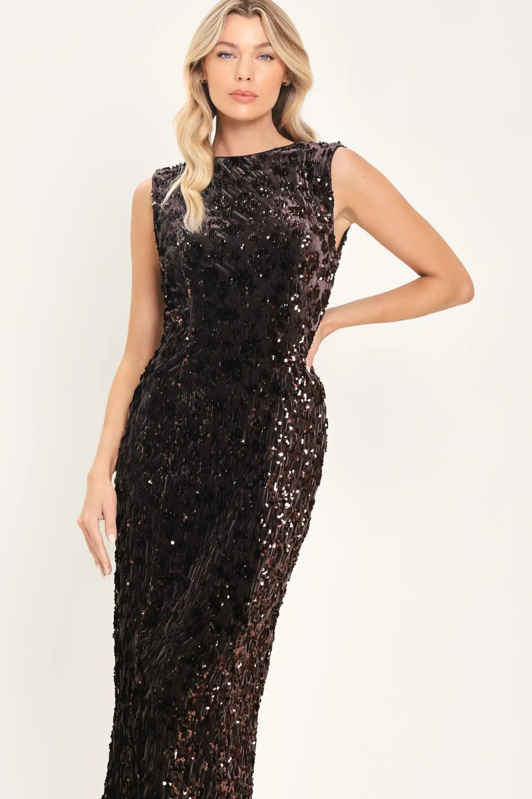 MOCHA SPARK DARK BROWN SEQUIN KNIT MIDI DRESS