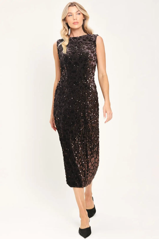 MOCHA SPARK DARK BROWN SEQUIN KNIT MIDI DRESS