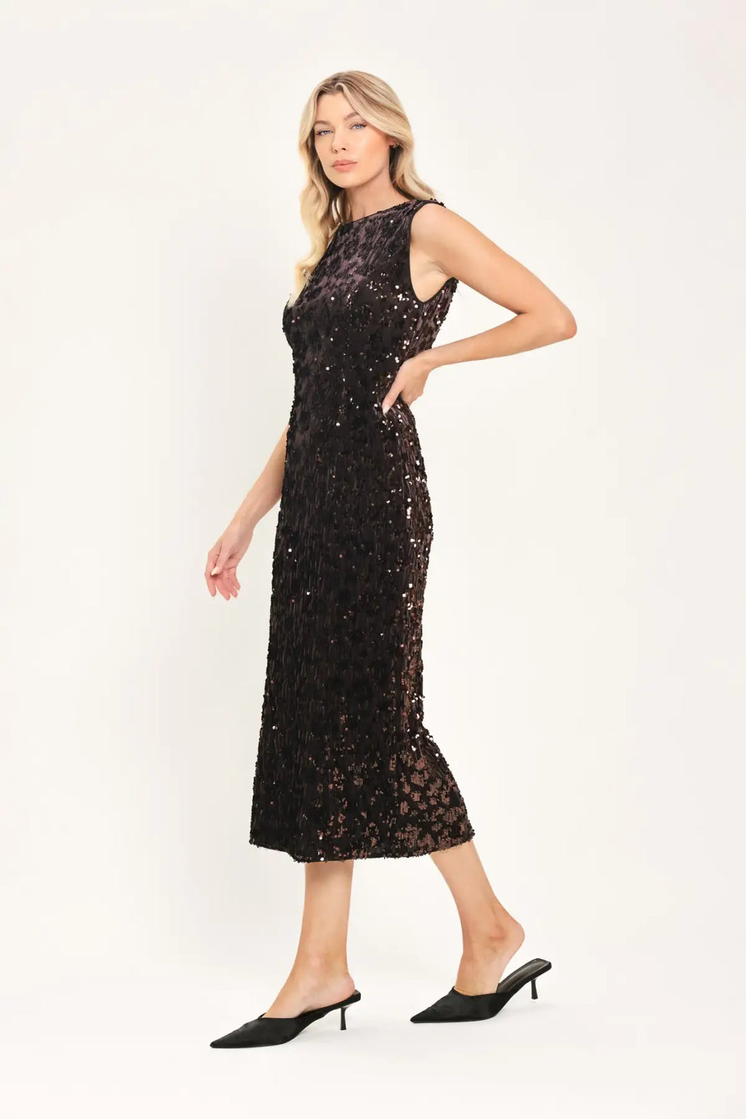 MOCHA SPARK DARK BROWN SEQUIN KNIT MIDI DRESS