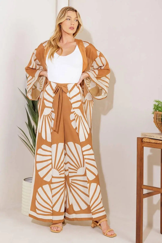 AWAITING LOVE WOVEN KIMONO COVER UP AND PANT SET - BROWN/IVORY / S - TOPS