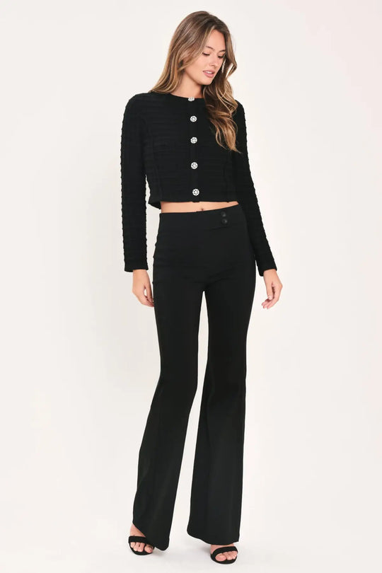 POLISHED MOMENT BLACK JEWEL-BUTTON CROPPED SWEATER TOP