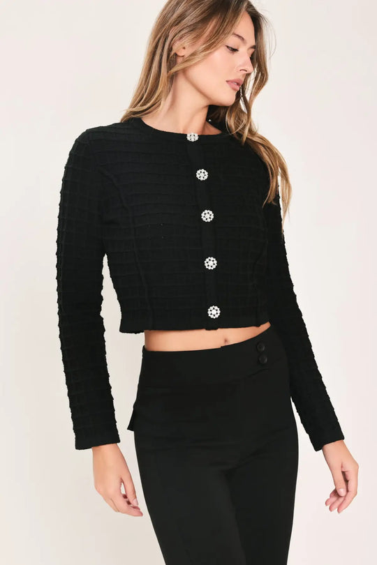 POLISHED MOMENT BLACK JEWEL-BUTTON CROPPED SWEATER TOP