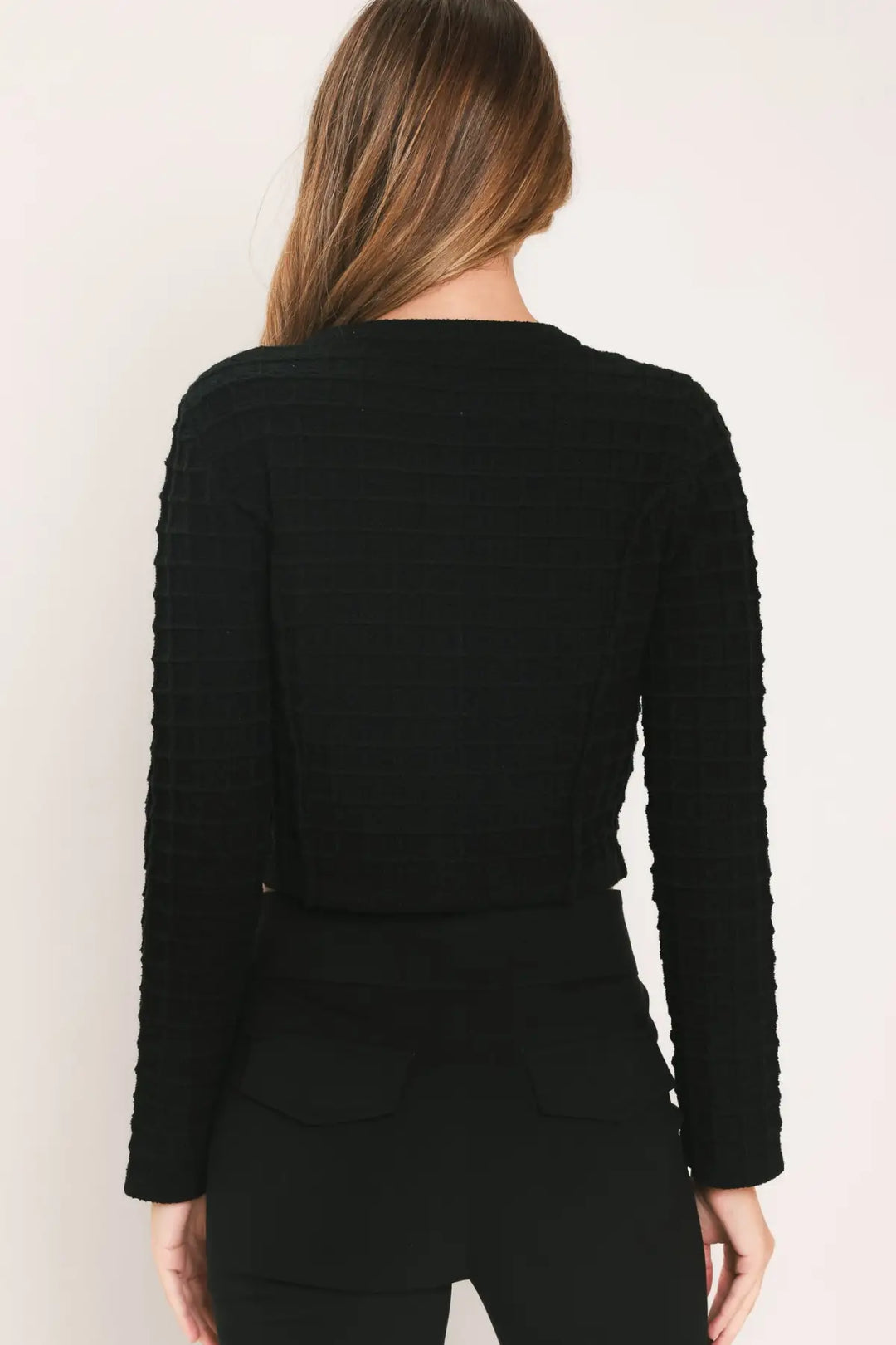 POLISHED MOMENT BLACK JEWEL-BUTTON CROPPED SWEATER TOP