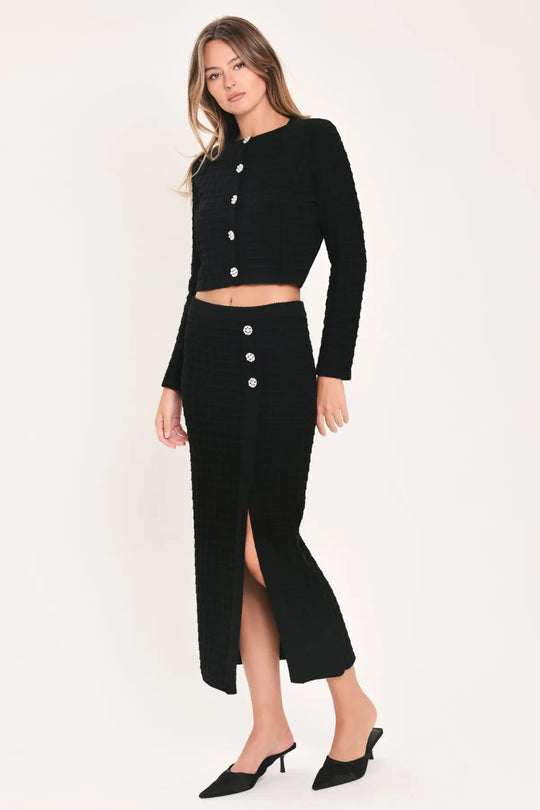 POLISHED MOMENT BLACK JEWEL-BUTTON CROPPED SWEATER TOP