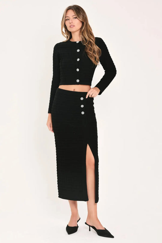 POLISHED MOMENT BLACK JEWEL-BUTTON CROPPED SWEATER TOP