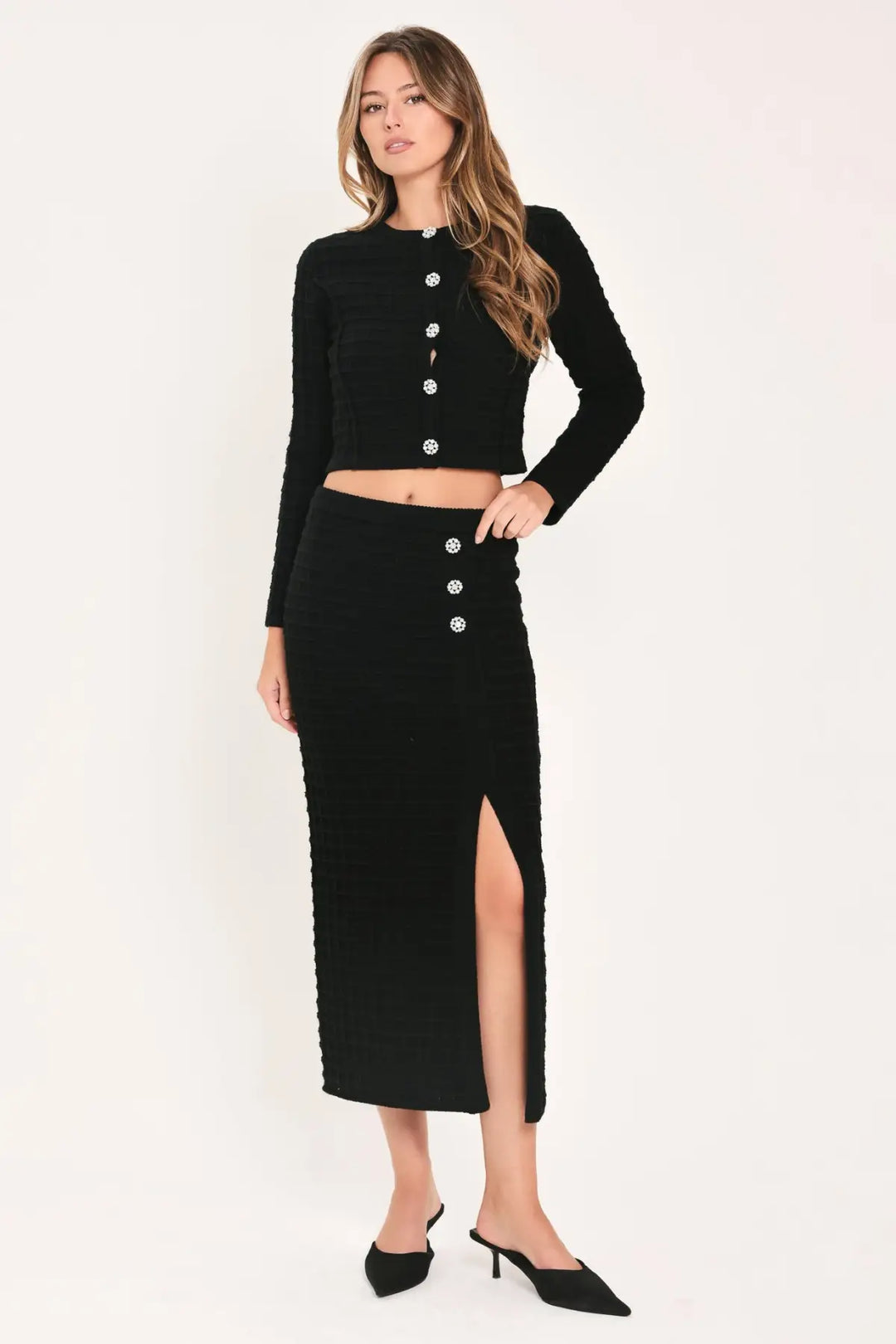 POLISHED MOMENT BLACK BUTTON-SLIT SWEATER MIDI SKIRT