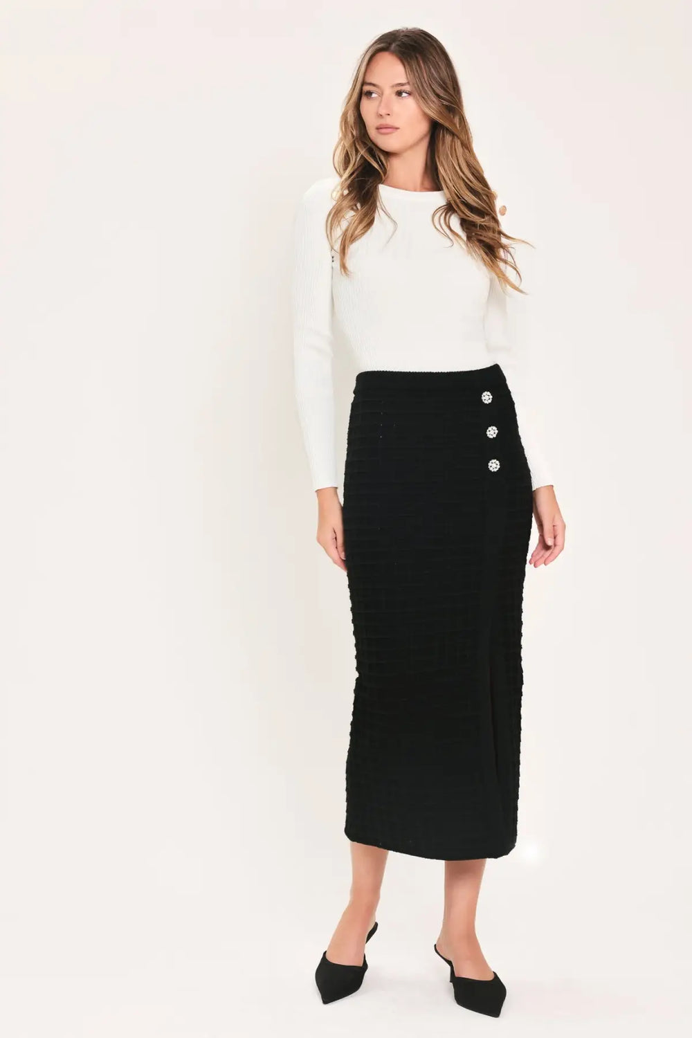 POLISHED MOMENT BLACK BUTTON-SLIT SWEATER MIDI SKIRT