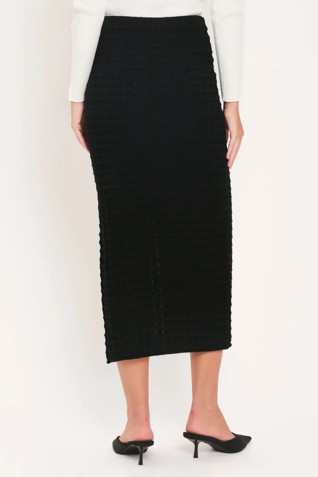 POLISHED MOMENT BLACK BUTTON-SLIT SWEATER MIDI SKIRT