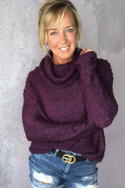 Fuzzy Grape Knit Turtleneck Sweater - Tops