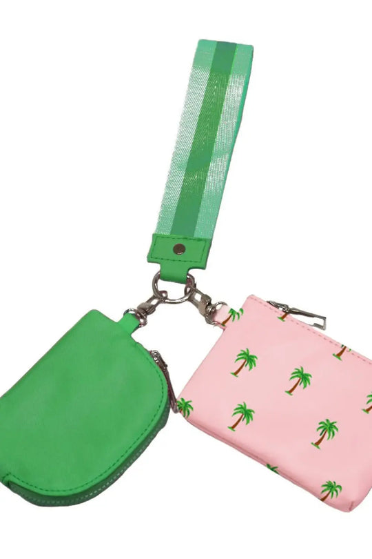 Summer Spritz Dual Pouch Wristlet - Emerald and Pink Palm Tree - Wristlet