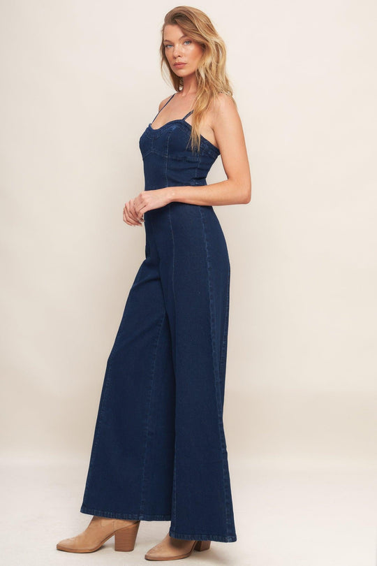TRENDSETTING MEDIUM INDIGO DENIM JUMPSUIT - MELISSA JEAN