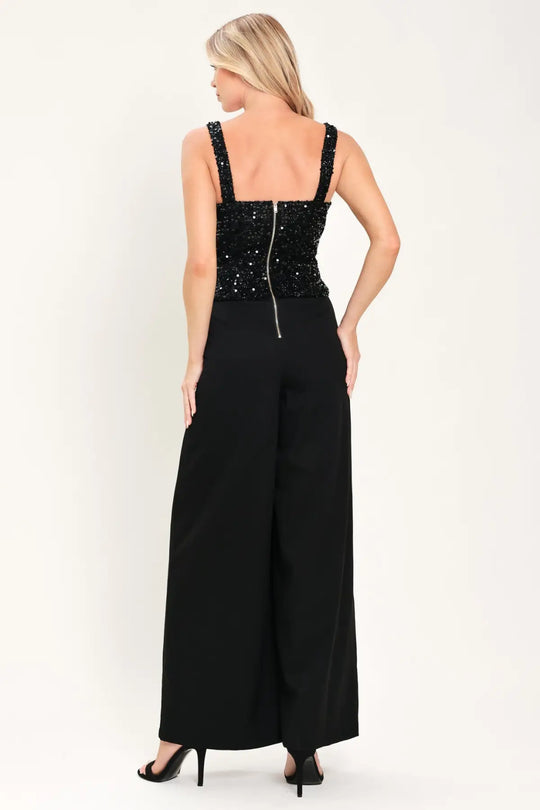 NIGHTFALL GLAM BLACK SEQUIN WIDE-LEG JUMPSUIT