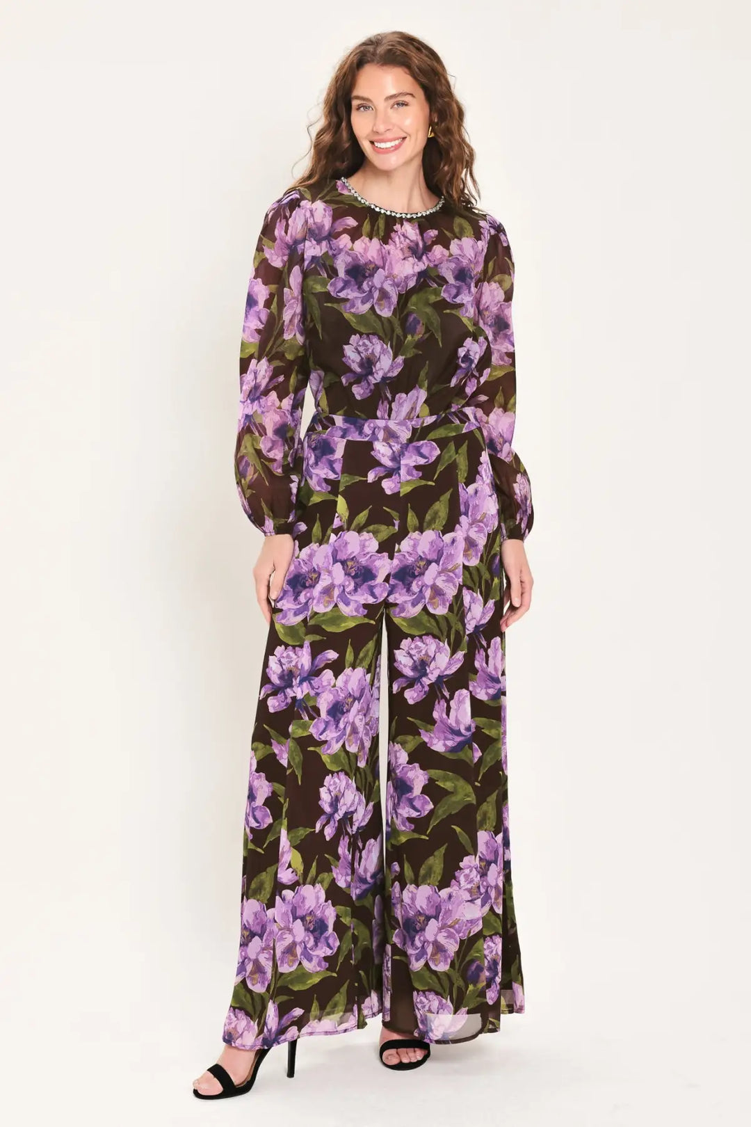 VINTAGE MERLOT WINE/PURPLE PRINTED WIDE-LEG PANTS
