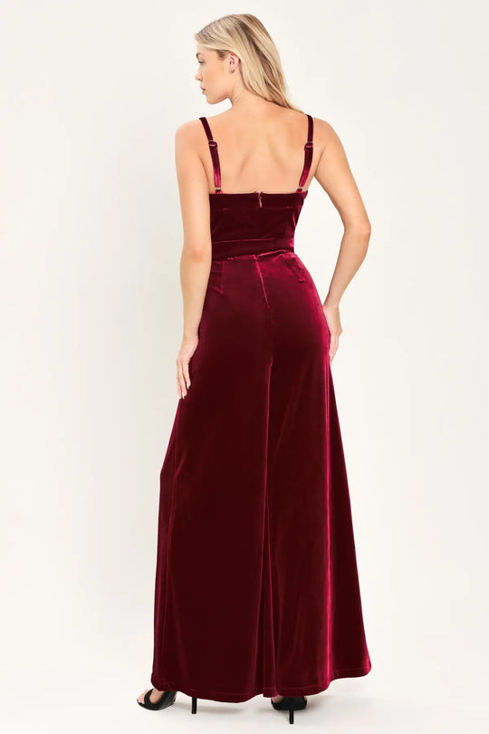 WINE AFTER DARK VELVET BELTED WIDE-LEG JUMPSUIT