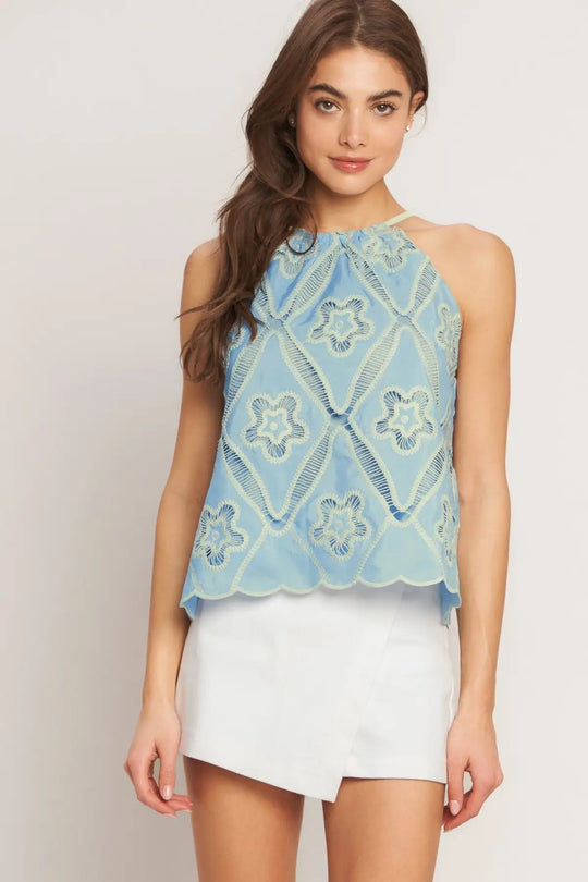 SKY LACE SUMMER HALTER WOVEN TOP - TOPS