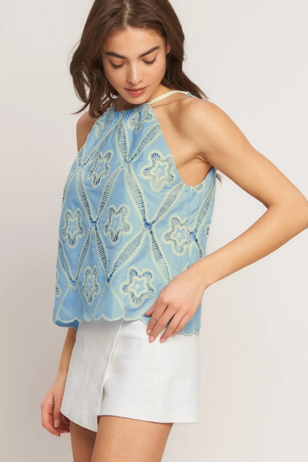 SKY LACE SUMMER HALTER WOVEN TOP - TOPS