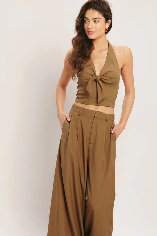 UMBER FLOW WOVEN HALTER TOP - TOPS