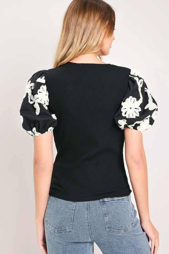 BLACK BLOOM KNIT TOP - TOPS