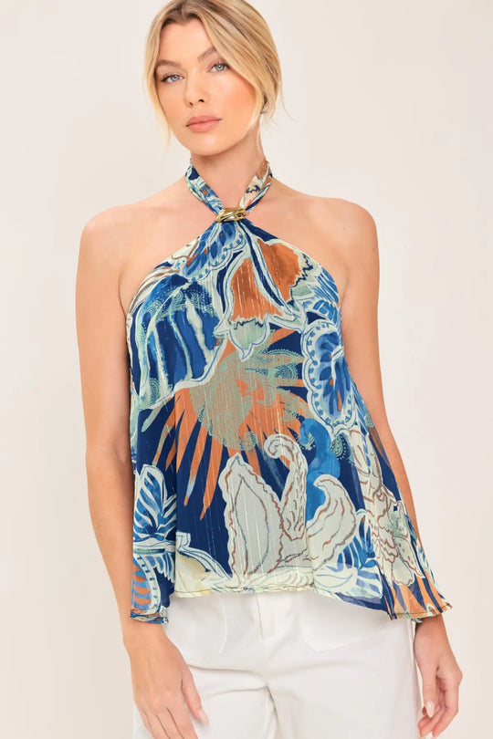 BLUE LAGOON WOVEN HALTER TOP - TOPS